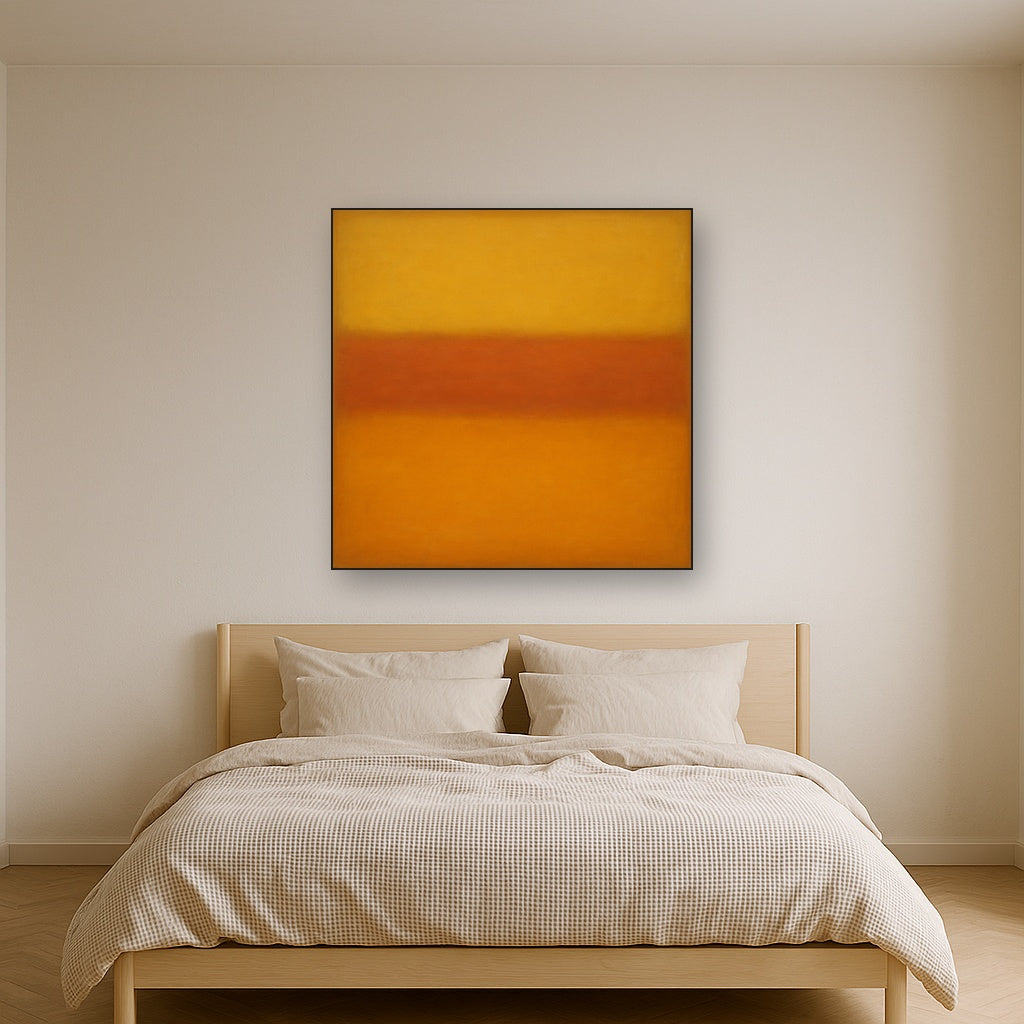 Luminous Ochre & Terracotta Horizon Color Field No. 9 Oil Painting Staged Above Master Bed in Bedroom, Calming Neutral Hand Painted Oil Art
