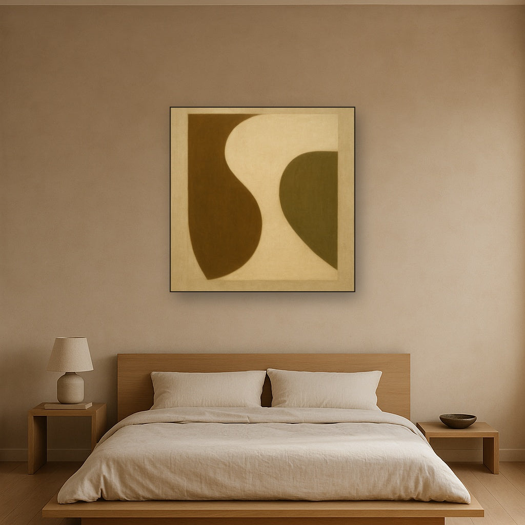 Minimalist Asymmetrical Balance in Raw Umber No. 22 Oil Painting Staged Above Master Bed in Bedroom, Calming Neutral Hand Painted Oil Art