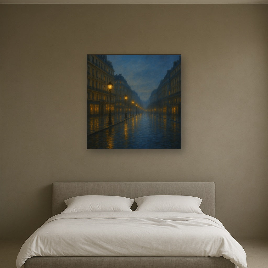 Rainy Parisian Boulevard at Twilight No. 23 Oil Painting Staged Above Master Bed in Bedroom, Calming Neutral Hand Painted Oil Art