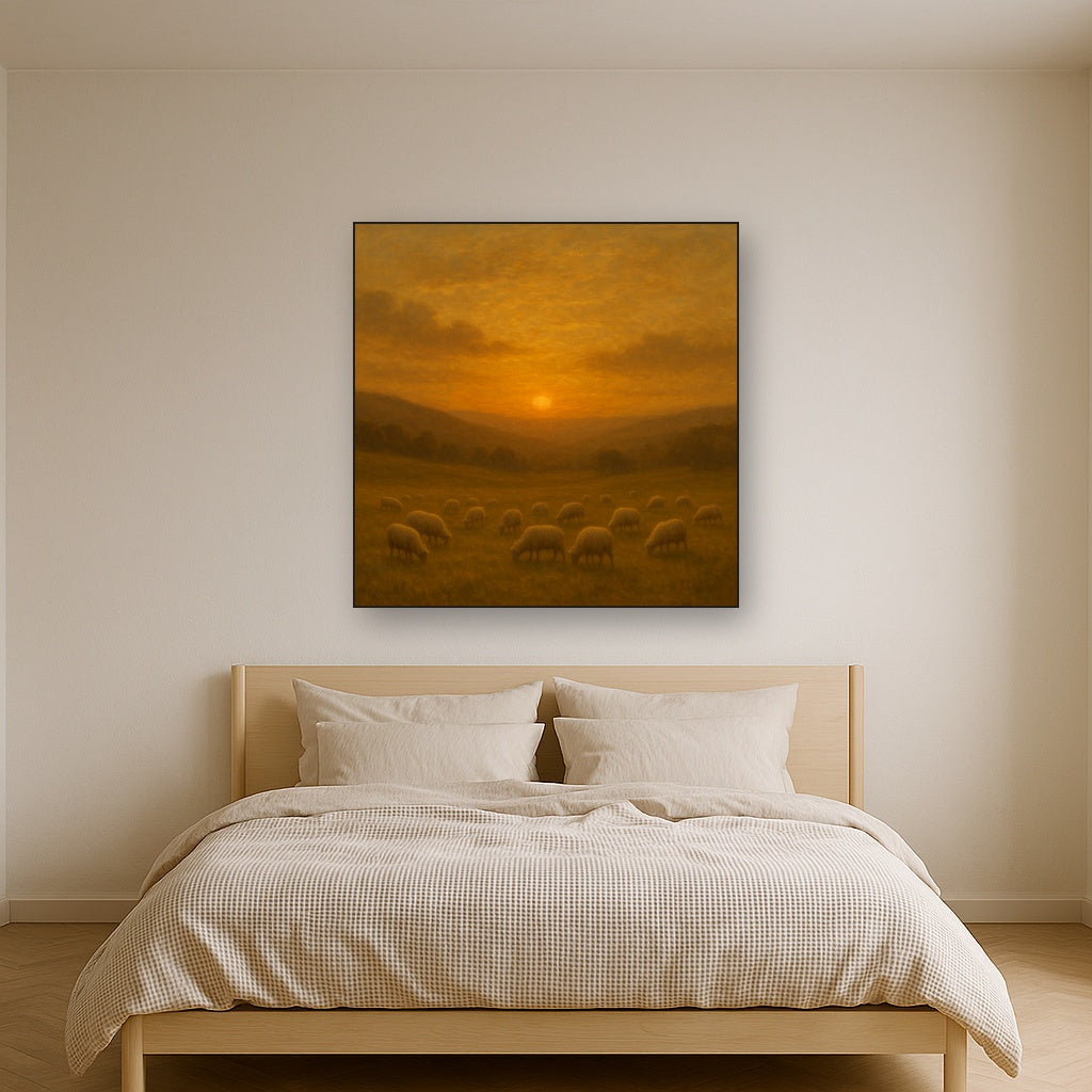 Sunset Grazing Flock in Golden Valley No. 2 Oil Painting - View 3