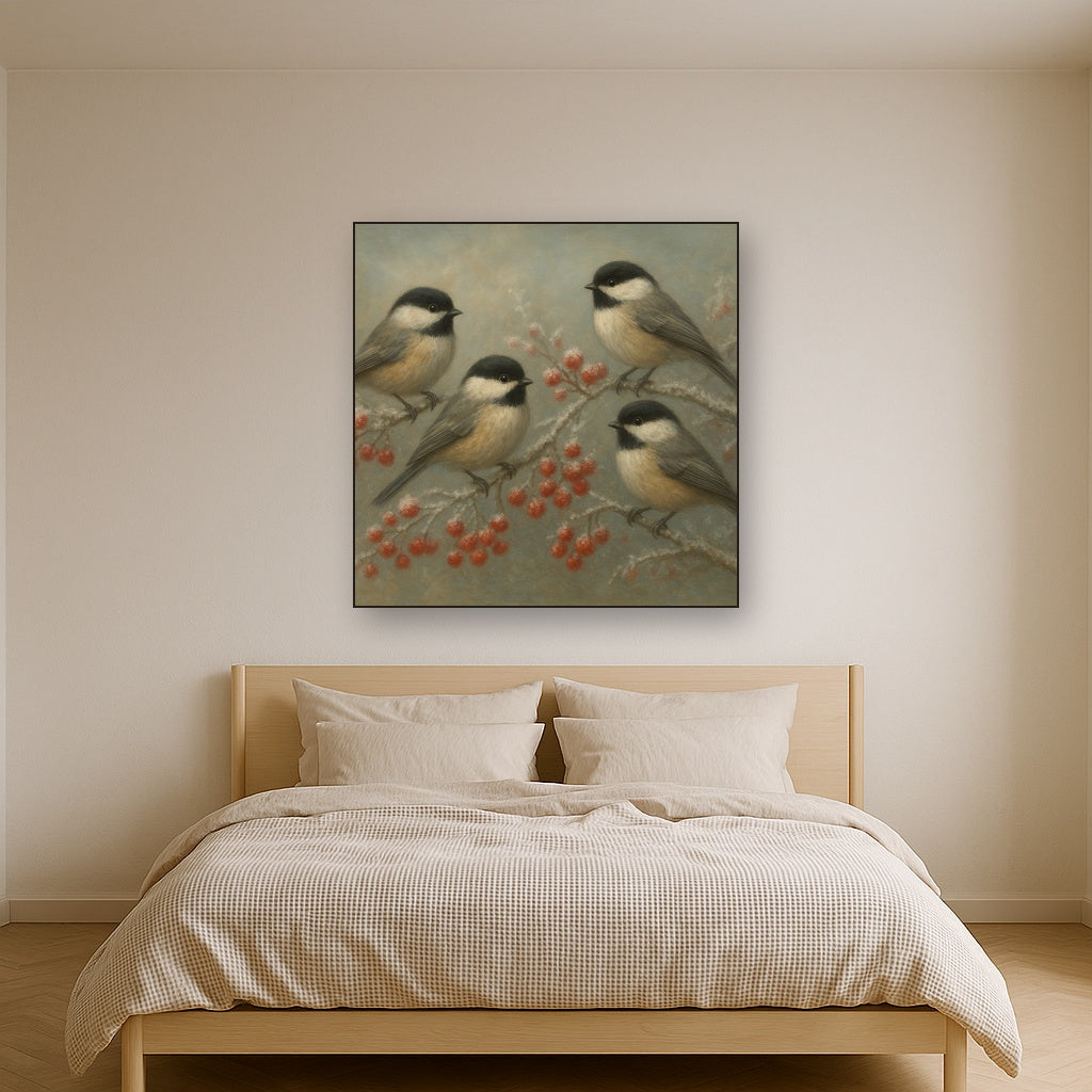 Winter Birds on Frosty Red Berry Branch No. 4 Oil Painting - View 3