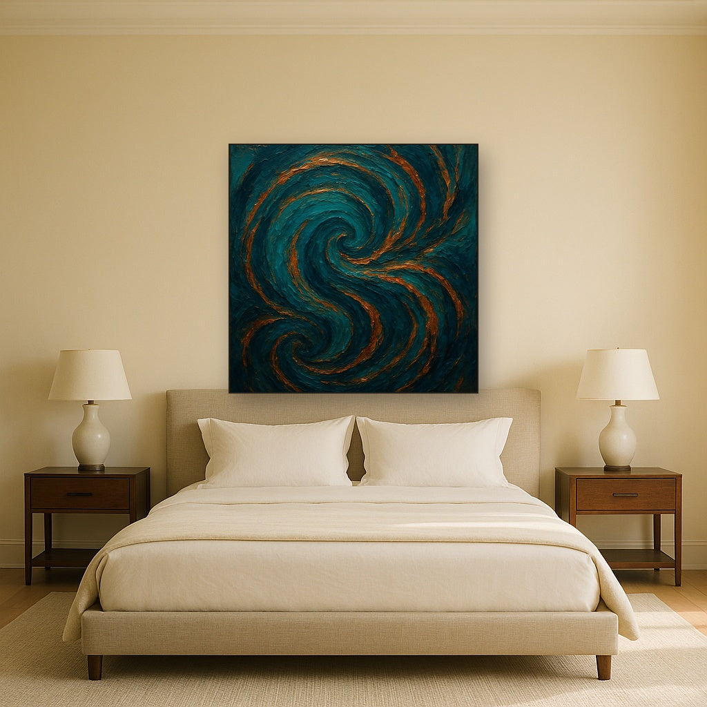 Peacock Teal & Liquid Copper Swirl No. 3 Oil Painting - Styled in Master Bedroom