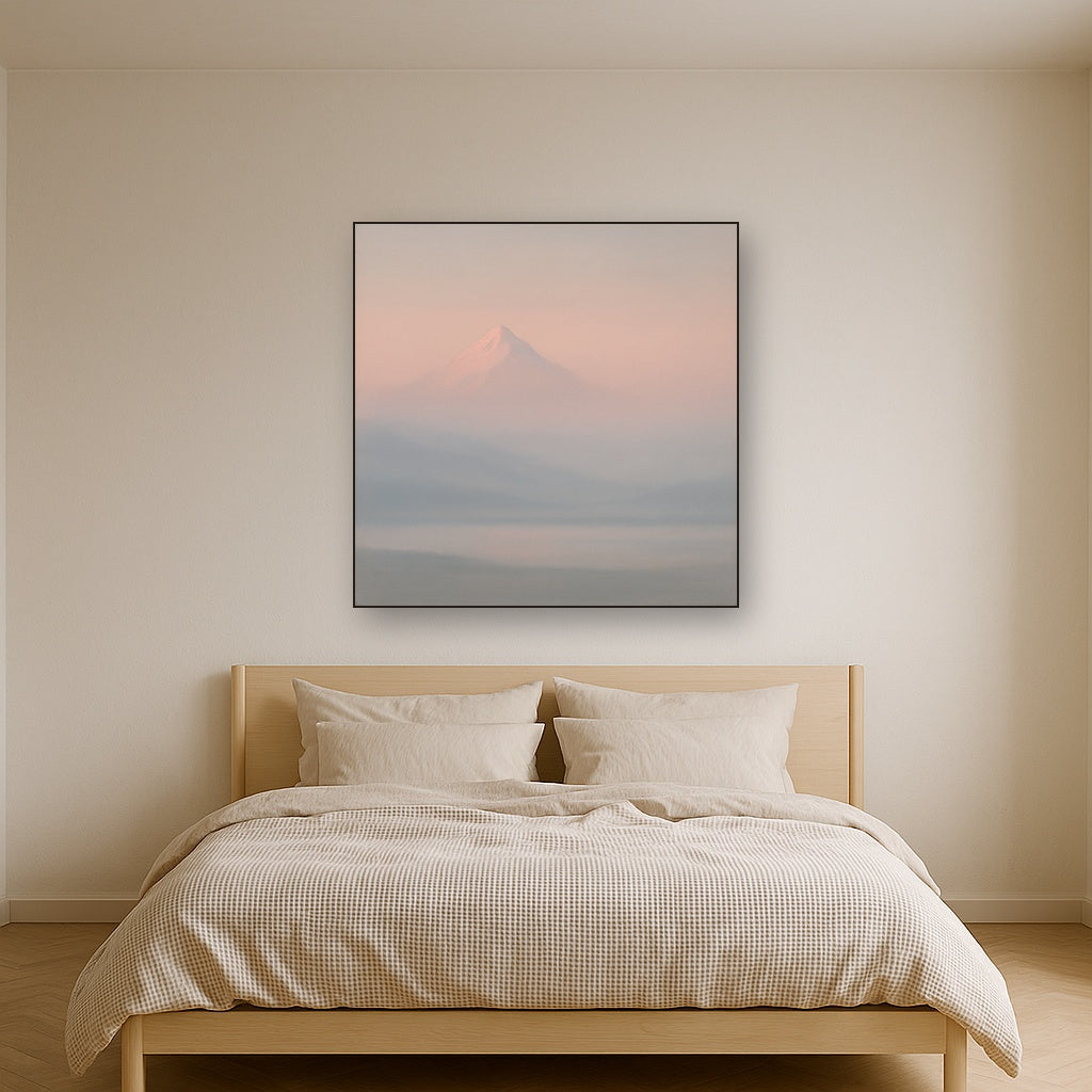 Pale Alpenglow over Distant Glacial Peak No. 4 Oil Painting Staged Above Master Bed in Bedroom, Calming Neutral Hand Painted Oil Art