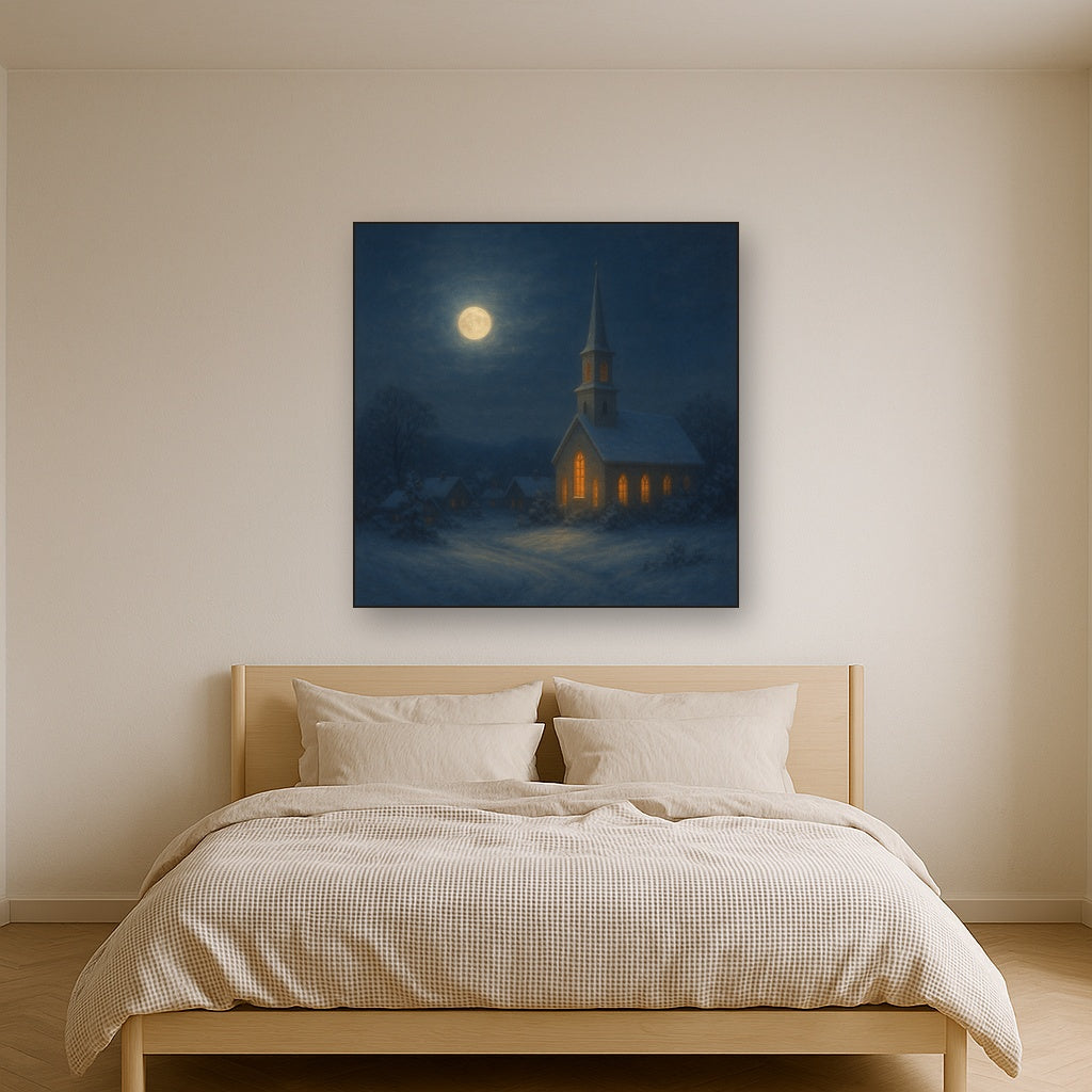 Moonlight Over Snowy Village Steeple No. 2 Oil Painting Staged Above Master Bed in Bedroom, Calming Neutral Hand Painted Oil Art