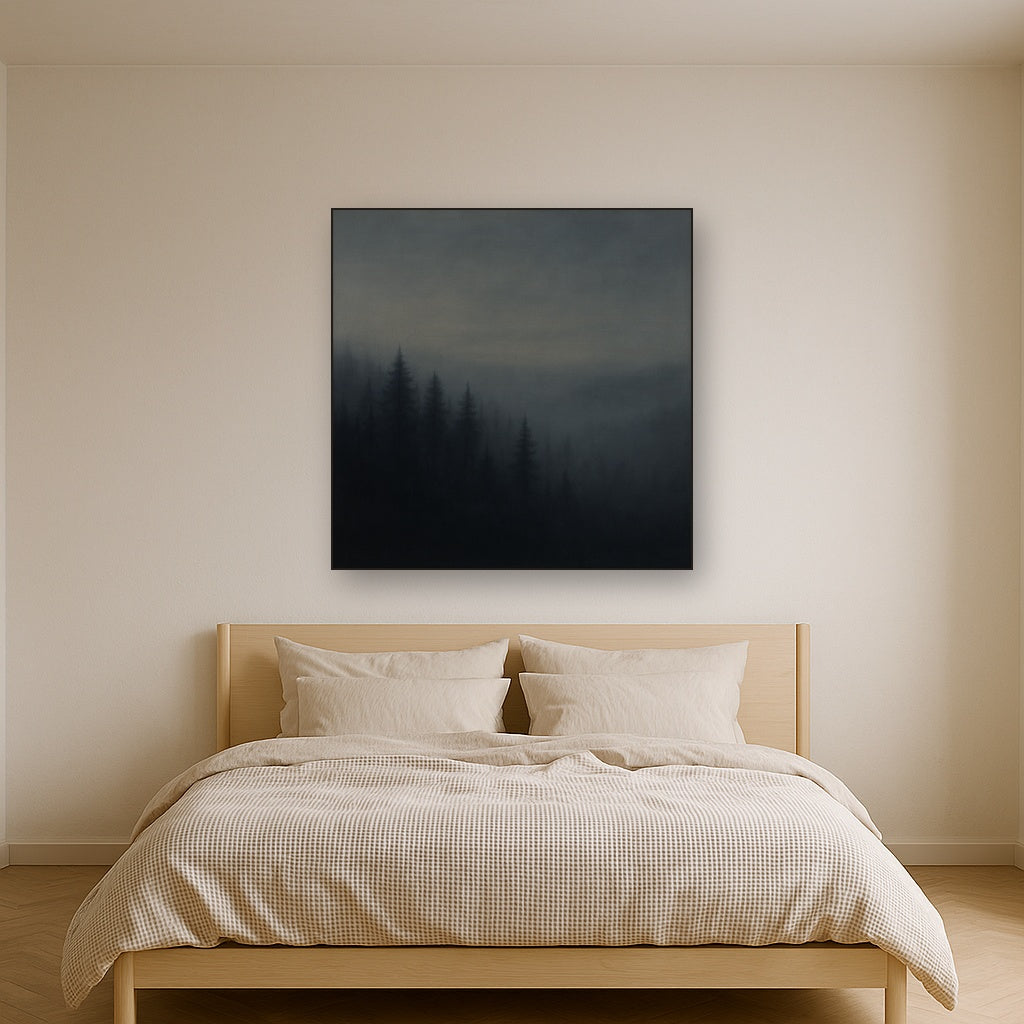 Dusk over Silent Pine Ridgeline in Charcoal Fog No. 8 Oil Painting Staged Above Master Bed in Bedroom, Calming Neutral Hand Painted Oil Art