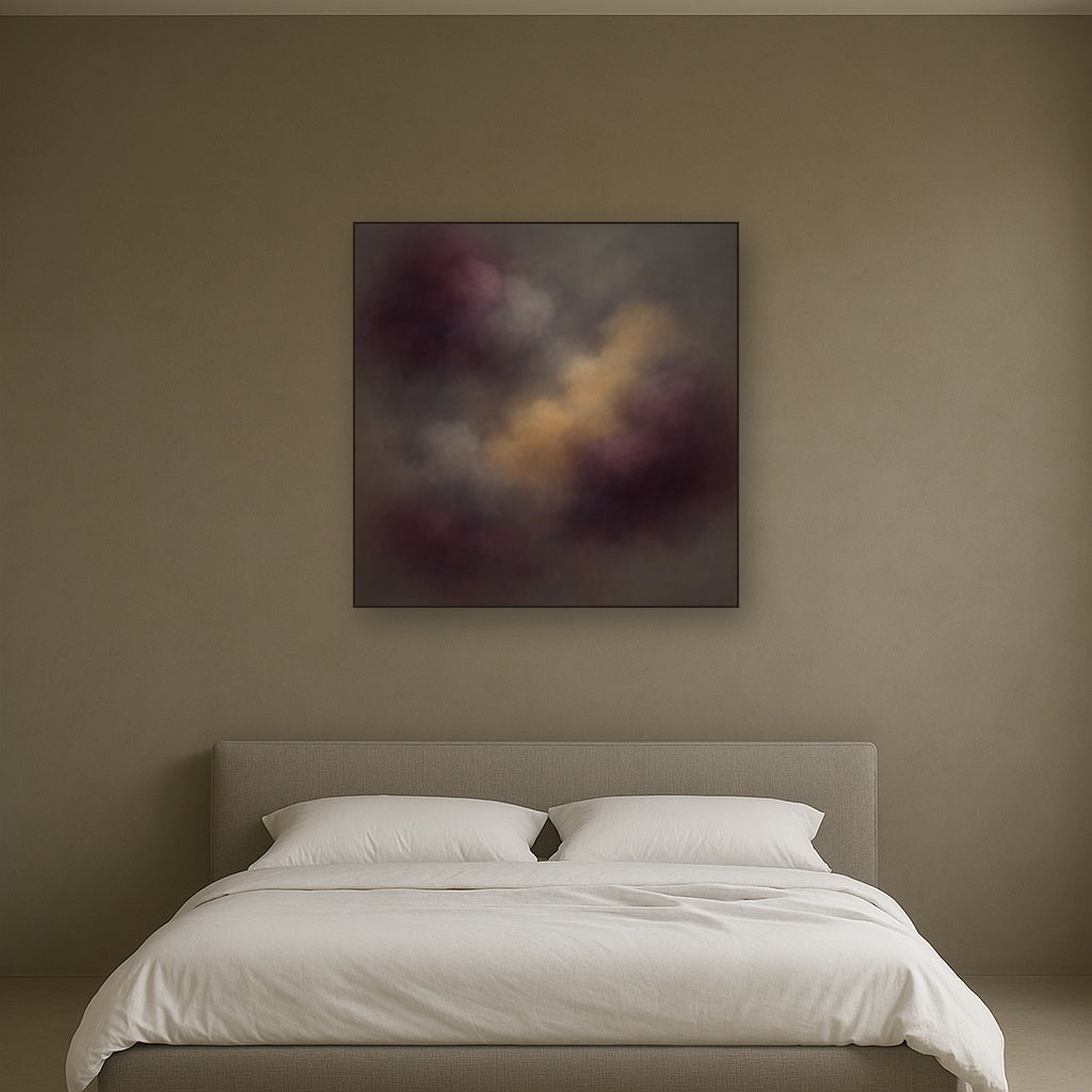 Gilded Plum & Soft Smoke Cloud Harmony Oil Painting Staged Above Master Bed in Bedroom, Calming Neutral Hand Painted Oil Art