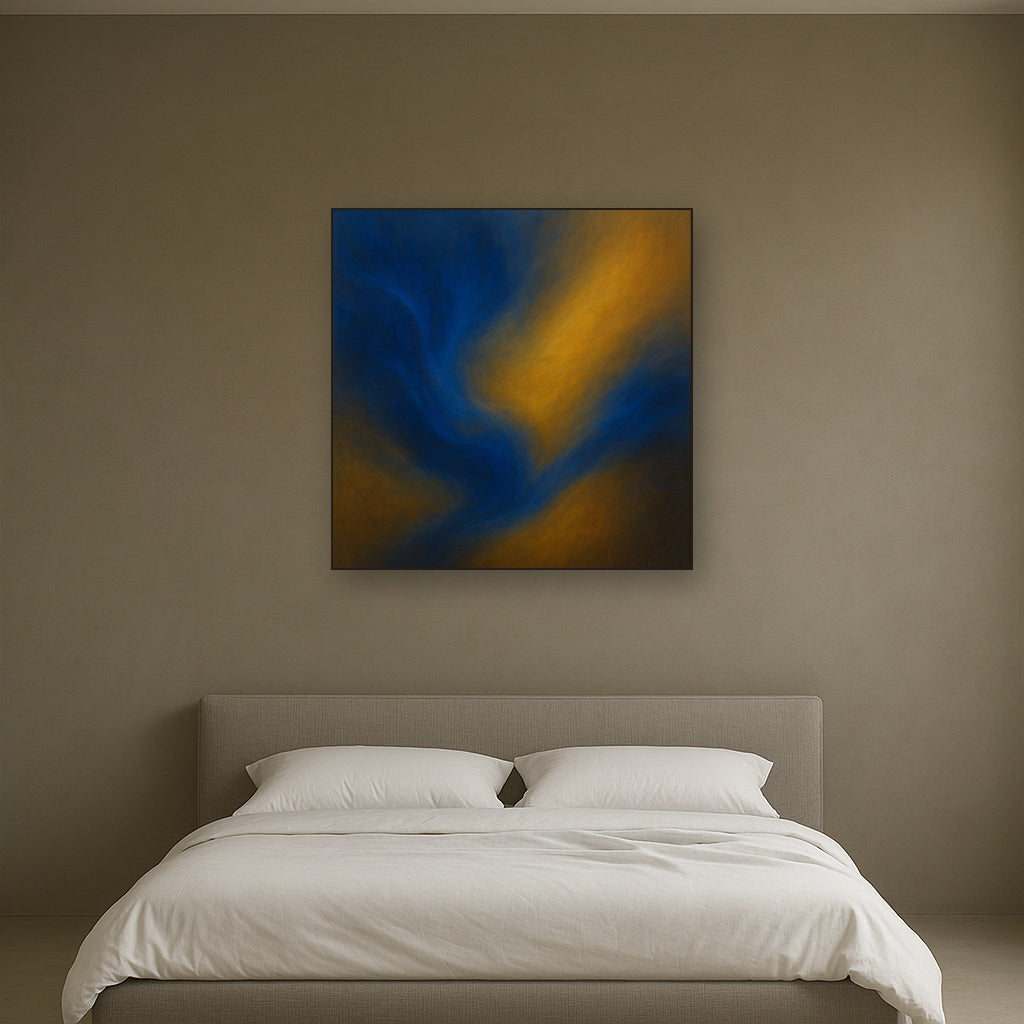 Lapis Lazuli & Golden Ochre Luminous Field No. 18 Oil Painting Staged Above Master Bed in Bedroom, Calming Neutral Hand Painted Oil Art