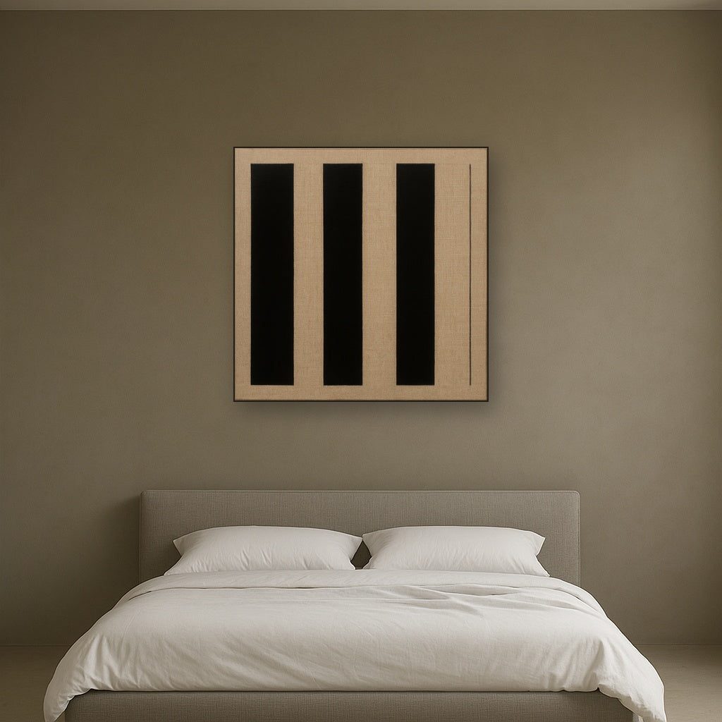 Minimalist Black Stripe & Raw Linen Rhythm No. 13 Fine Art Oil Painting - View 3