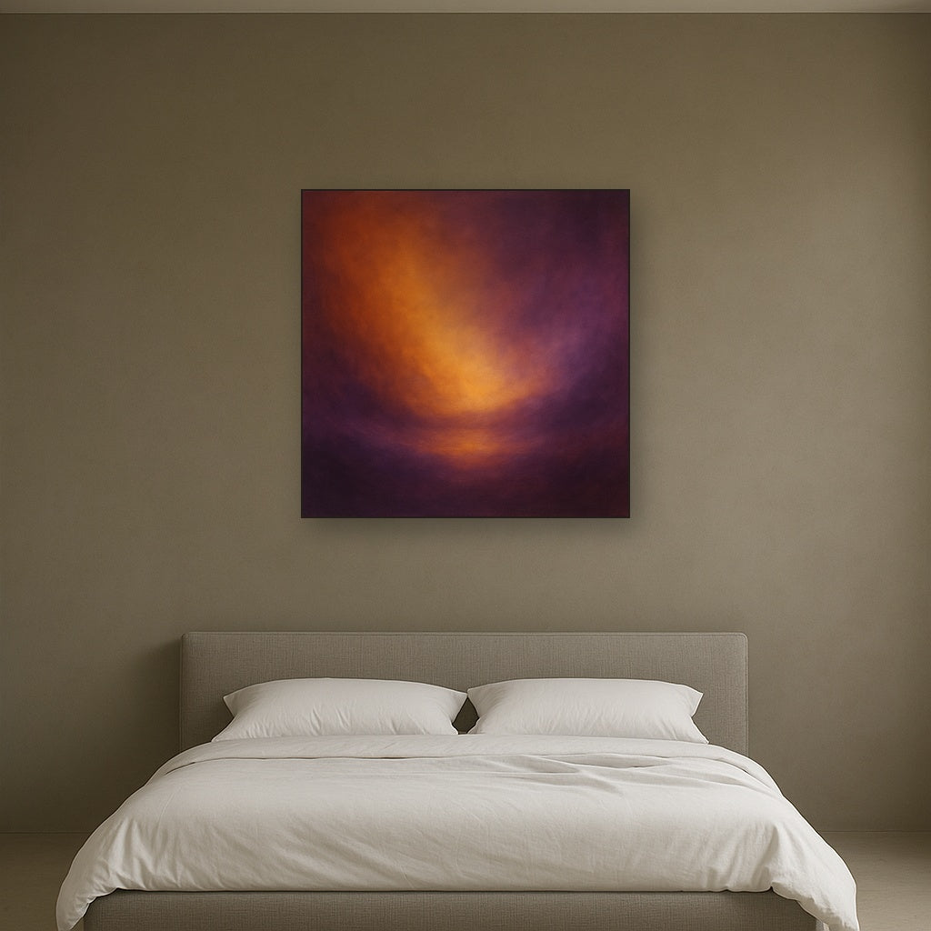 Burnt Amber & Velvet Amethyst Atmosphere No. 18 Oil Painting Staged Above Master Bed in Bedroom, Calming Neutral Hand Painted Oil Art