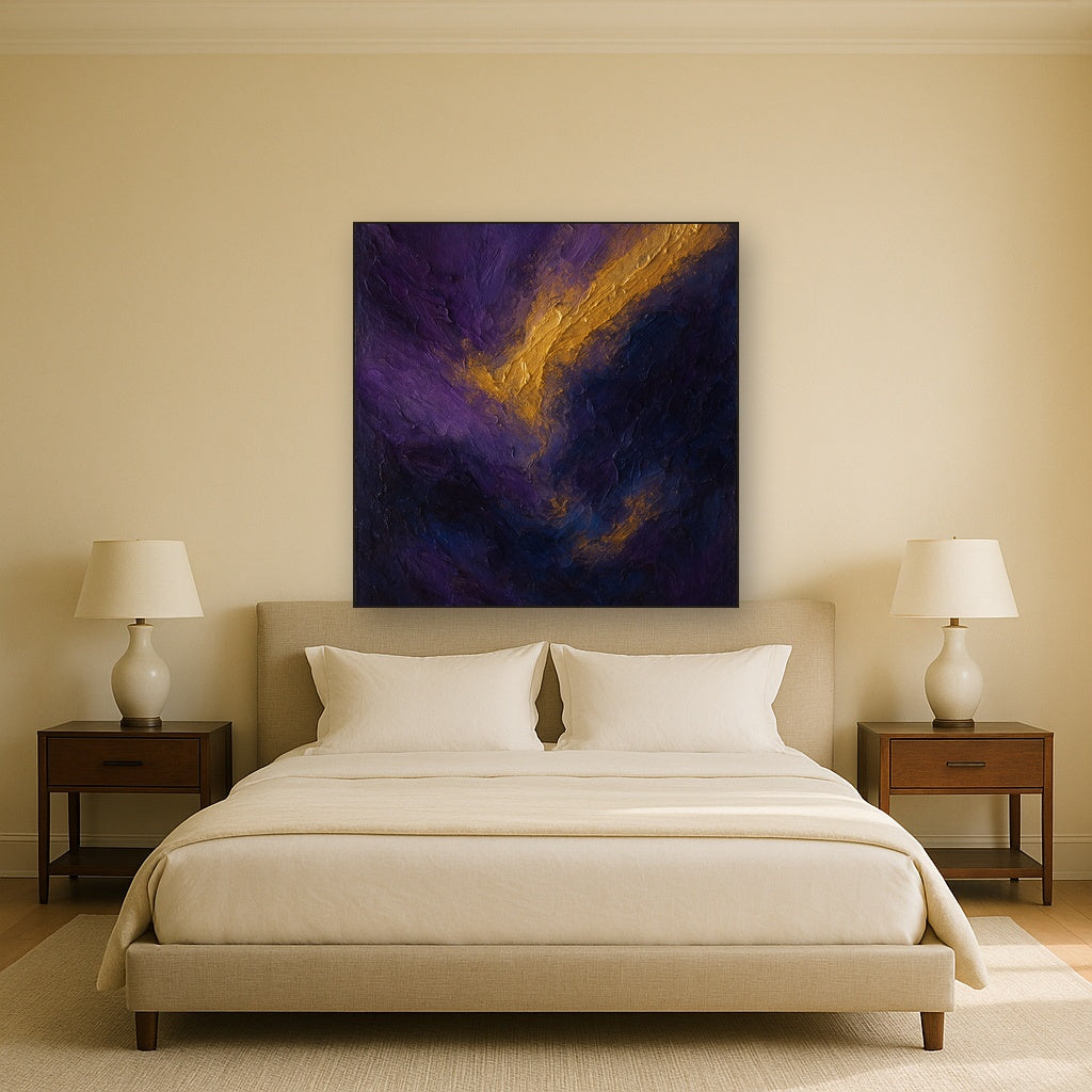 Amethyst Shadow & Celestial Gold No. 2 Oil Painting - Styled in Master Bedroom