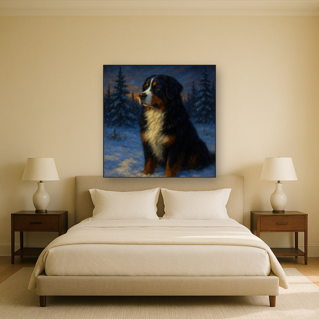 Bernese Mountain Dog in Winter Snowscape No. 12 Fine Art Oil Painting - View 3