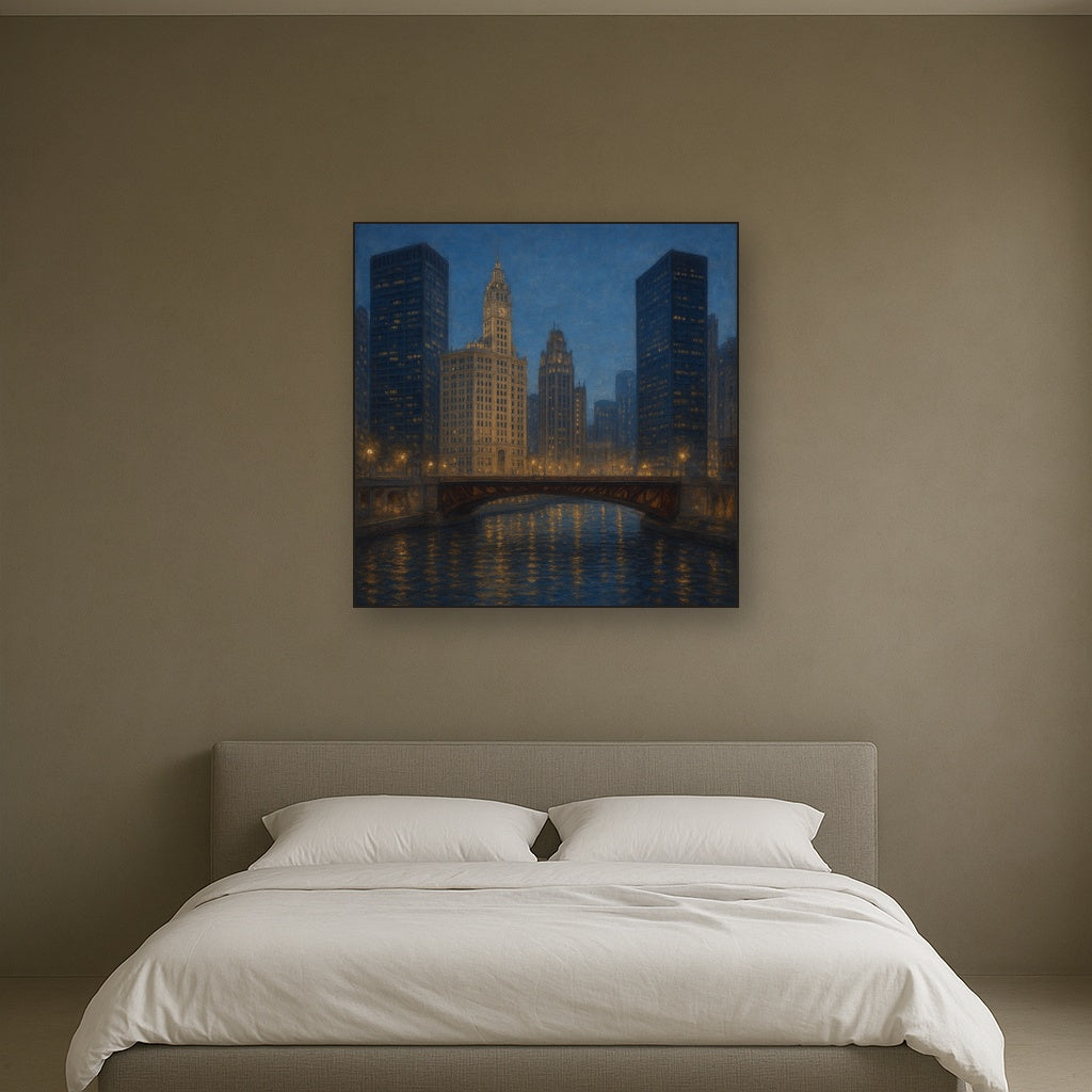 Chicago Riverfront Architecture at Blue Hour No. 19 Oil Painting - View 3