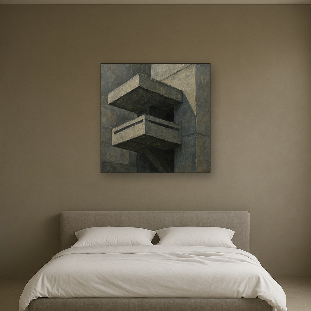 Brutalist Cantilevered Balcony Study No. 3 Oil Painting - Styled in Master Bedroom