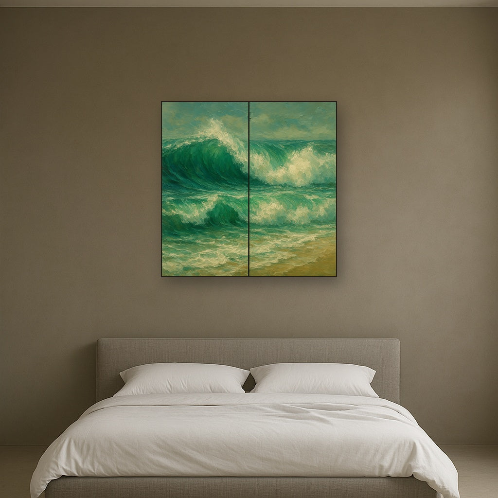 Emerald Swell Split-Panel Seascape No. 3 Oil Painting - Styled in Master Bedroom