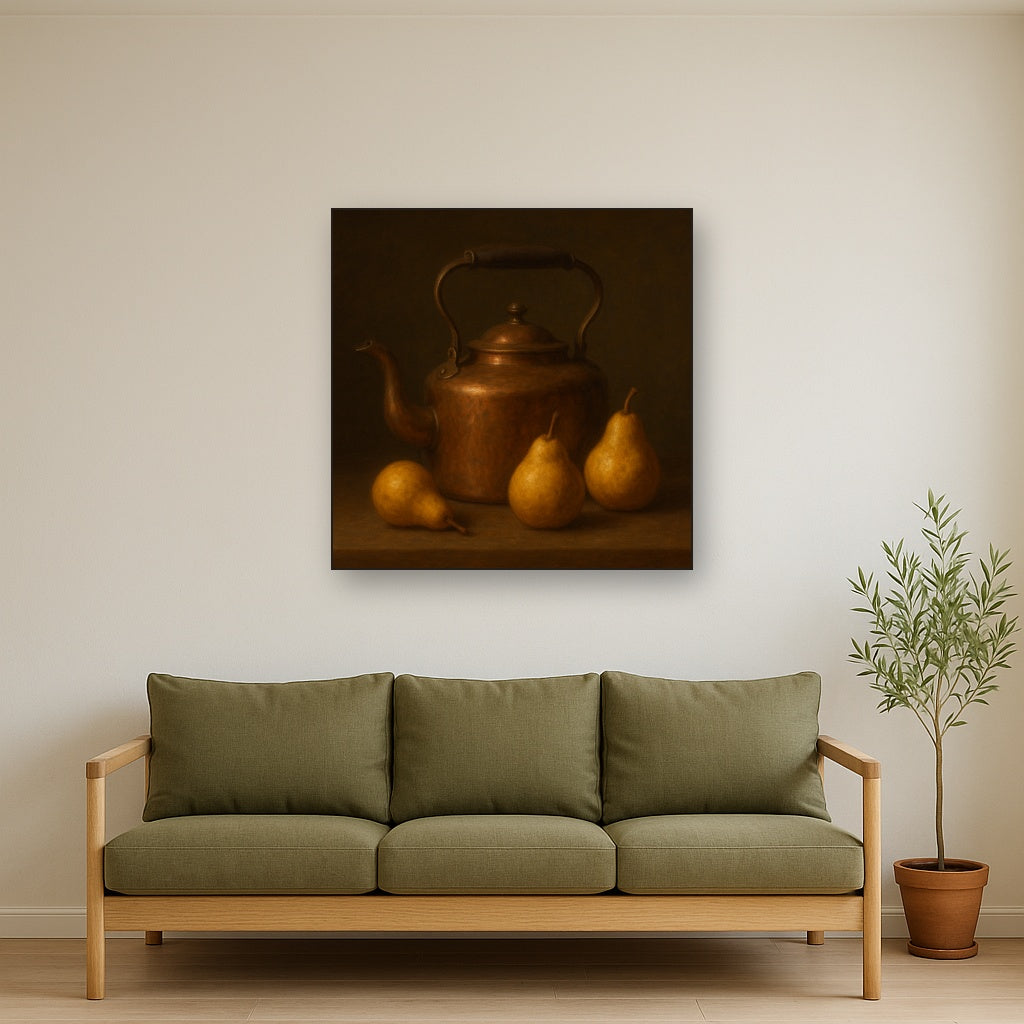 Antique Copper Kettle & Orchard Pears No. 3 Oil Painting Staged Above Master Bed in Bedroom, Calming Neutral Hand Painted Oil Art