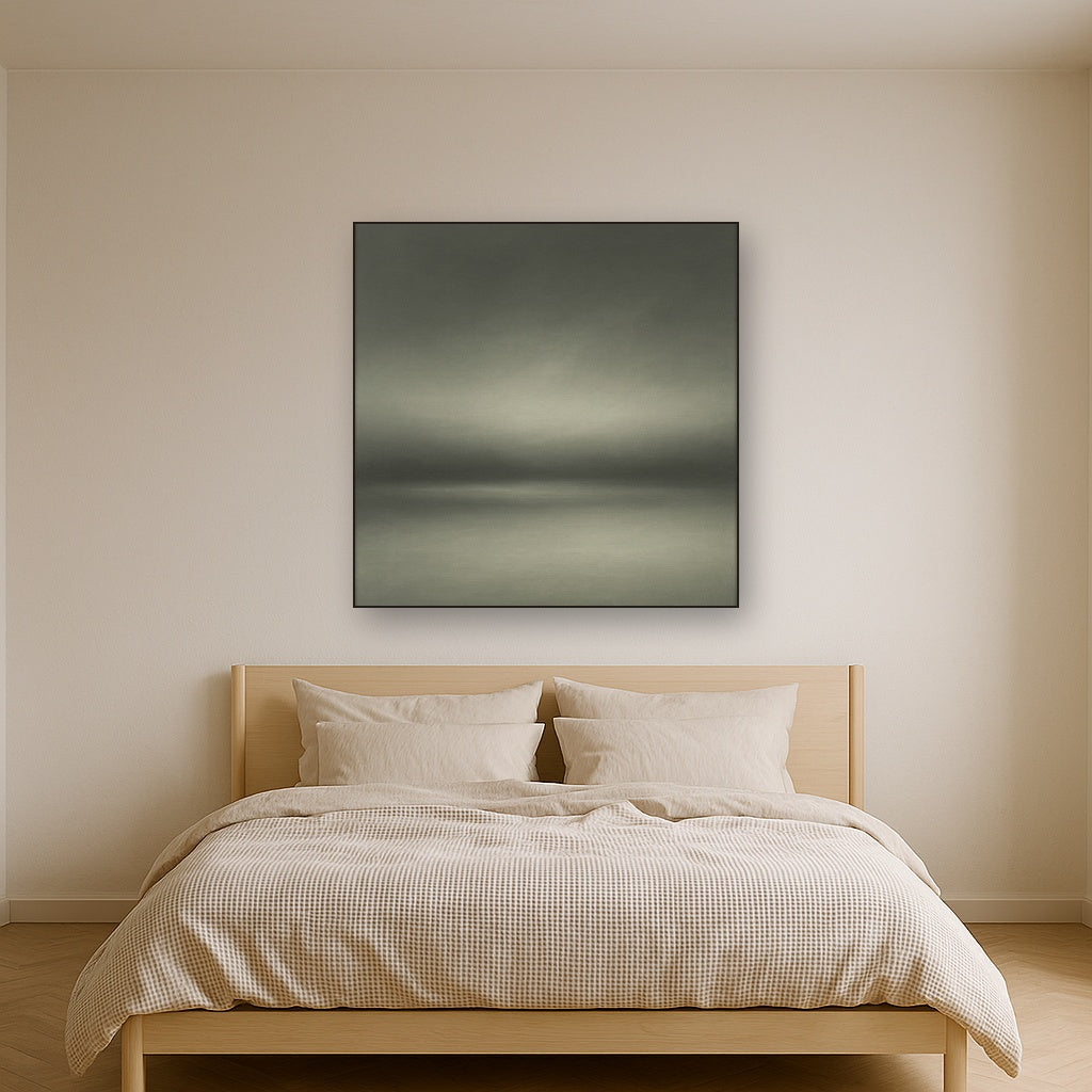 Monochrome Charcoal Drift & Soft Sfumato Horizon No. 22 Oil Painting Staged Above Master Bed in Bedroom, Calming Neutral Hand Painted Oil Art