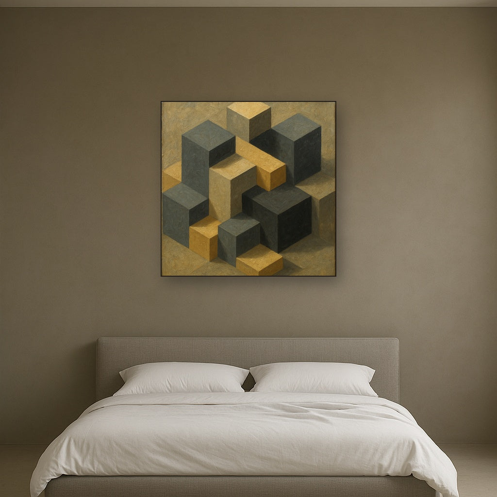 Isometric Modernist Cube Abstraction No. 4 Oil Painting - Styled in Master Bedroom