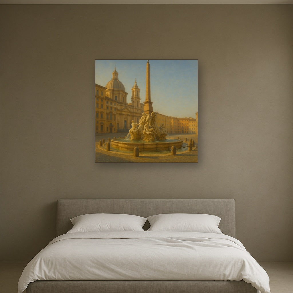 Rome Piazza Fountain in Morning Sunlight No. 13 Oil Painting Staged Above Master Bed in Bedroom, Calming Neutral Hand Painted Oil Art