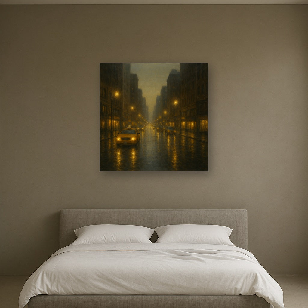 Rain-Drenched Manhattan Avenue Lights Oil Painting - View 3
