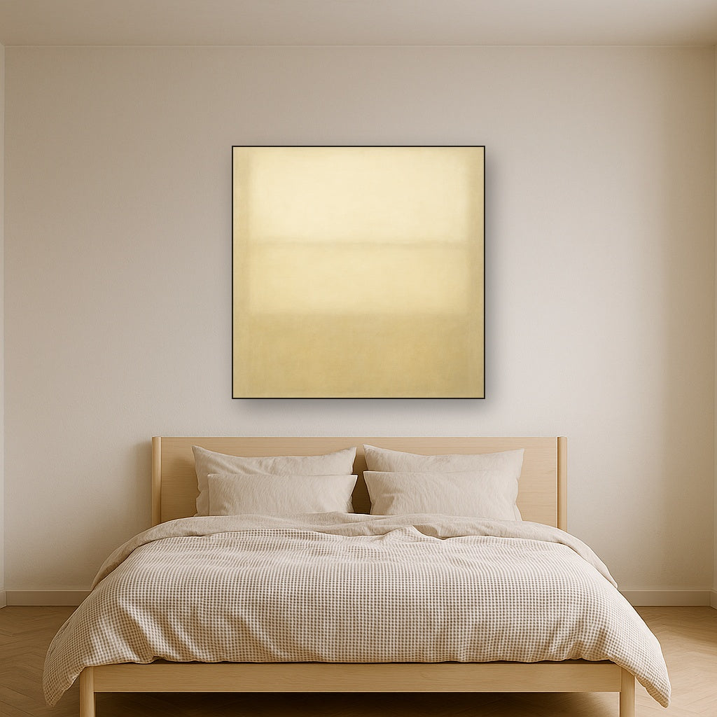 Oatmeal White & Pale Alabaster Monochrome Study No. 16 Oil Painting Staged Above Master Bed in Bedroom, Calming Neutral Hand Painted Oil Art
