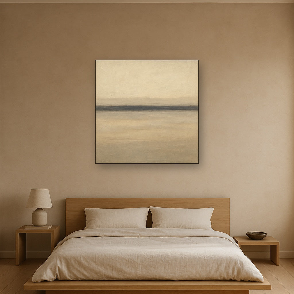 Raw Limestone Horizon & Washed Linen No. 13 Oil Painting Staged Above Master Bed in Bedroom, Calming Neutral Hand Painted Oil Art
