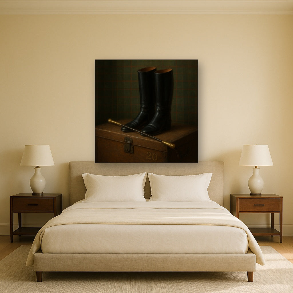 Vintage Riding Boots & Brass Crop on Trunk No. 20 Oil Painting - View 3