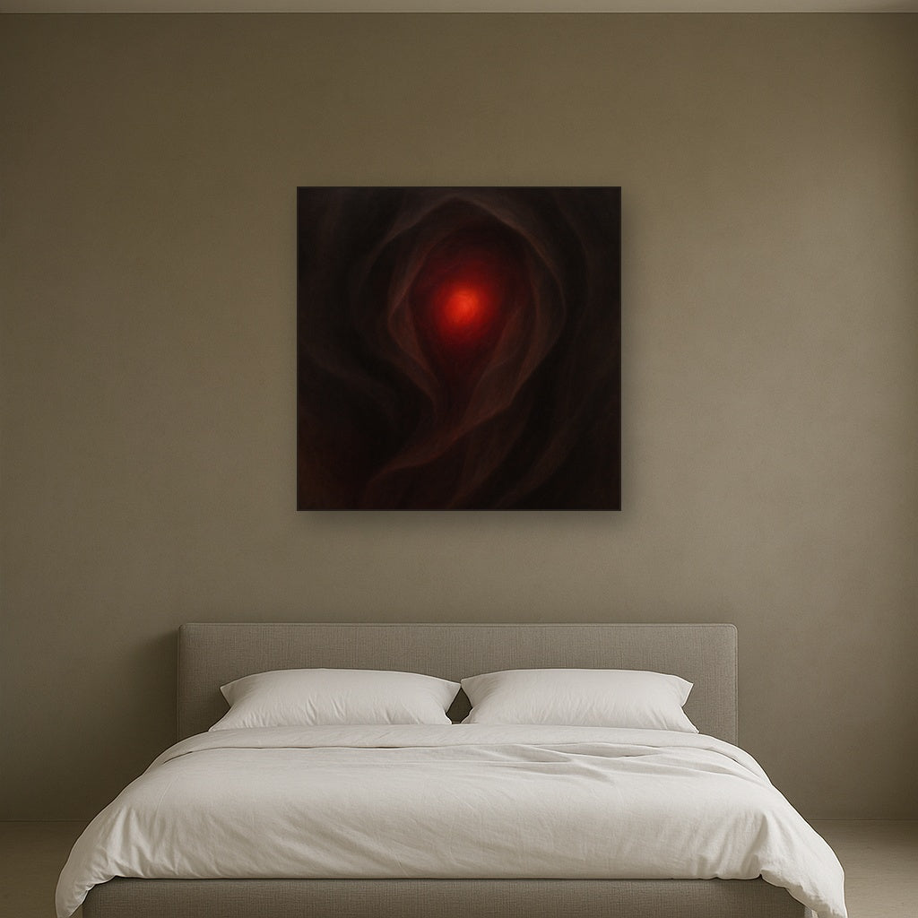 Smoky Ruby & Warm Obsidian Veils No. 4 Oil Painting Staged Above Master Bed in Bedroom, Calming Neutral Hand Painted Oil Art