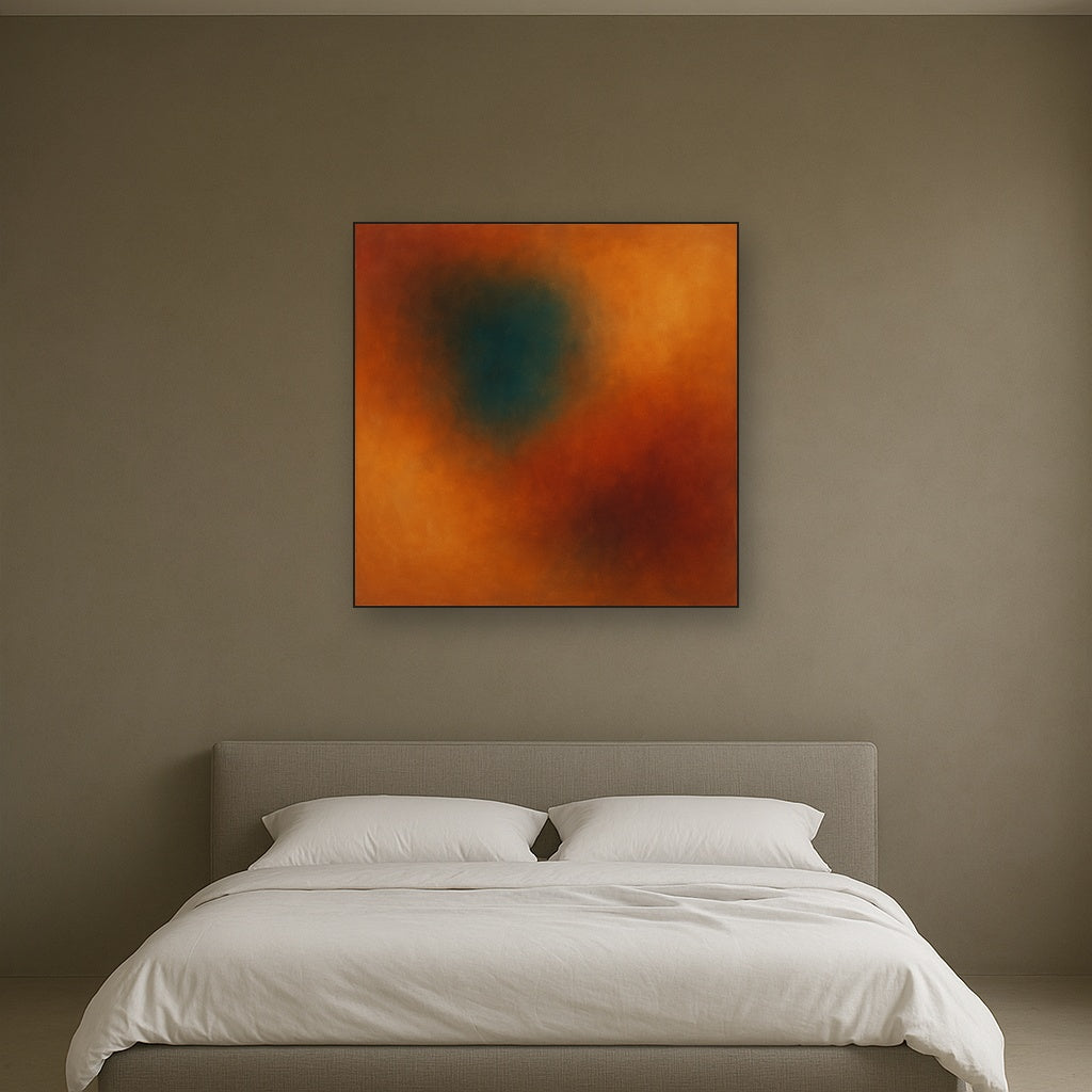 Deep Topaz & Spiced Terracotta Glow No. 3 Oil Painting Staged Above Master Bed in Bedroom, Calming Neutral Hand Painted Oil Art