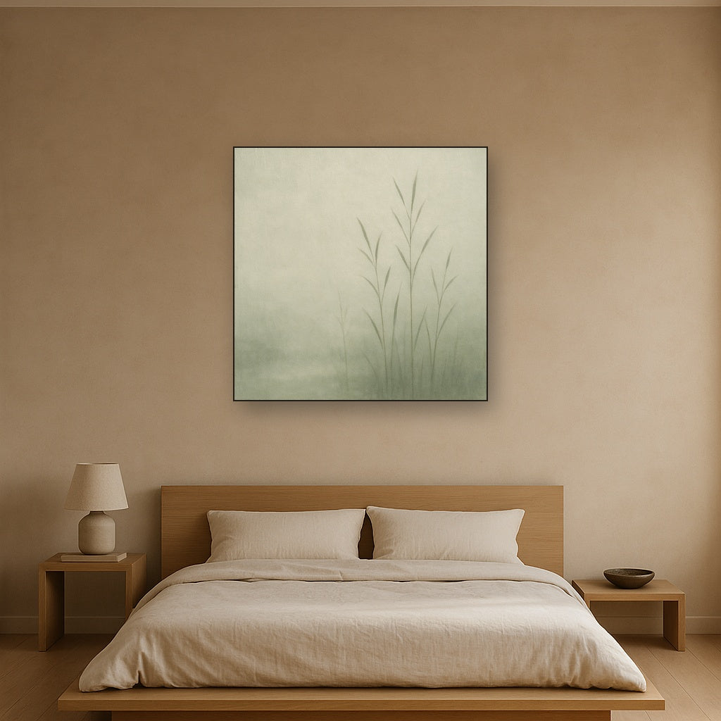 Misty Reed Shallows Minimalist Oil Painting - Styled in Master Bedroom