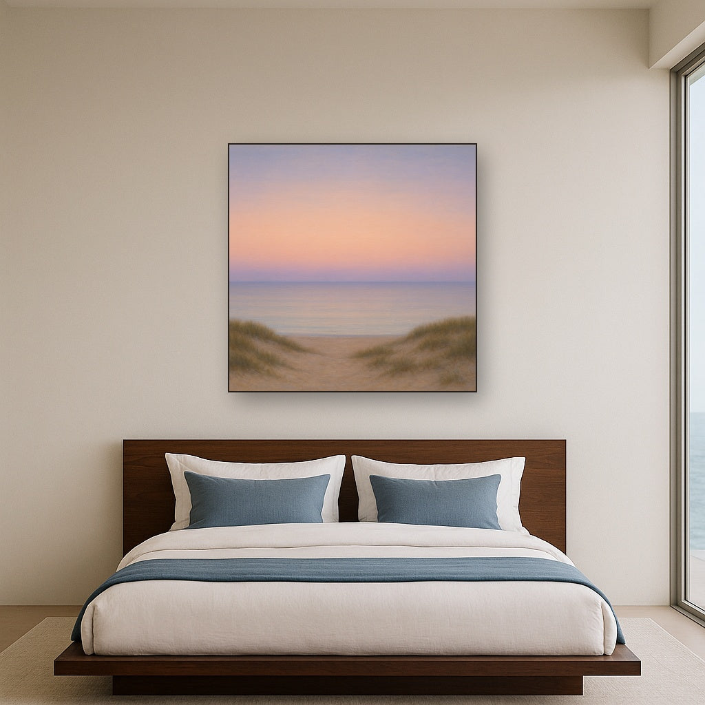 Pastel Dusk Horizon over Calm Atlantic Waters No. 11 Oil Painting Staged Above Master Bed in Bedroom, Calming Neutral Hand Painted Oil Art