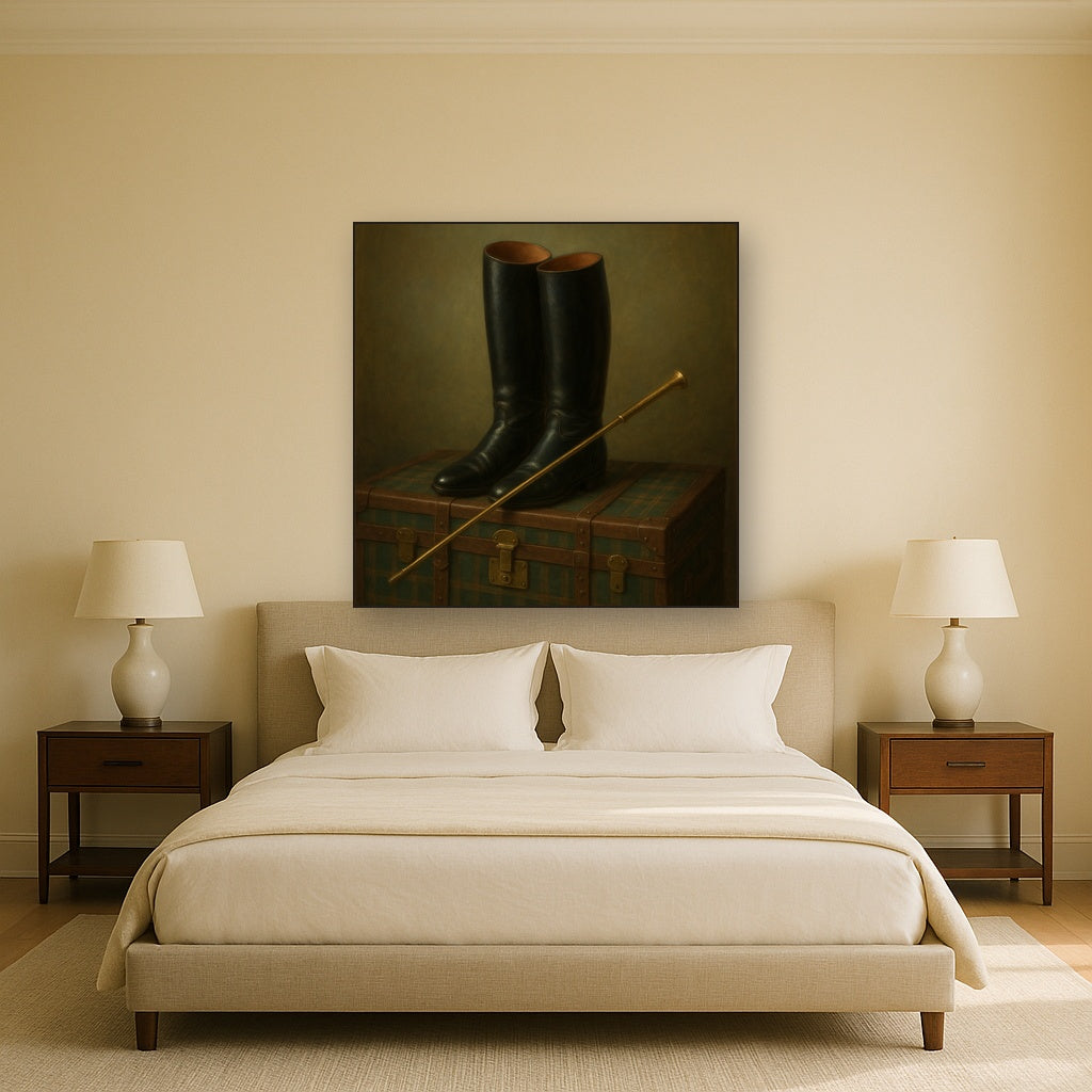 Vintage Riding Boots & Brass Crop on Trunk No. 3 Oil Painting - View 3