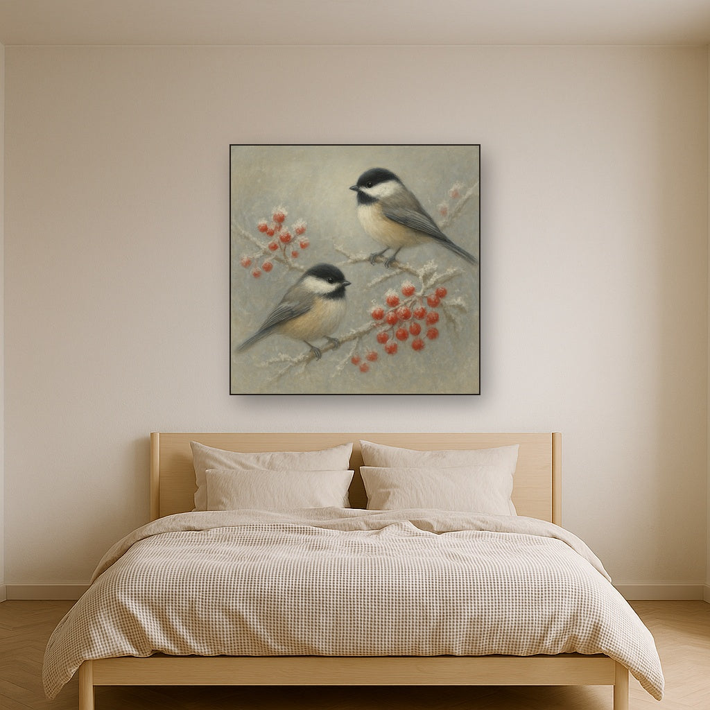 Winter Birds on Frosty Red Berry Branch No. 9 Oil Painting Staged Above Master Bed in Bedroom, Calming Neutral Hand Painted Oil Art