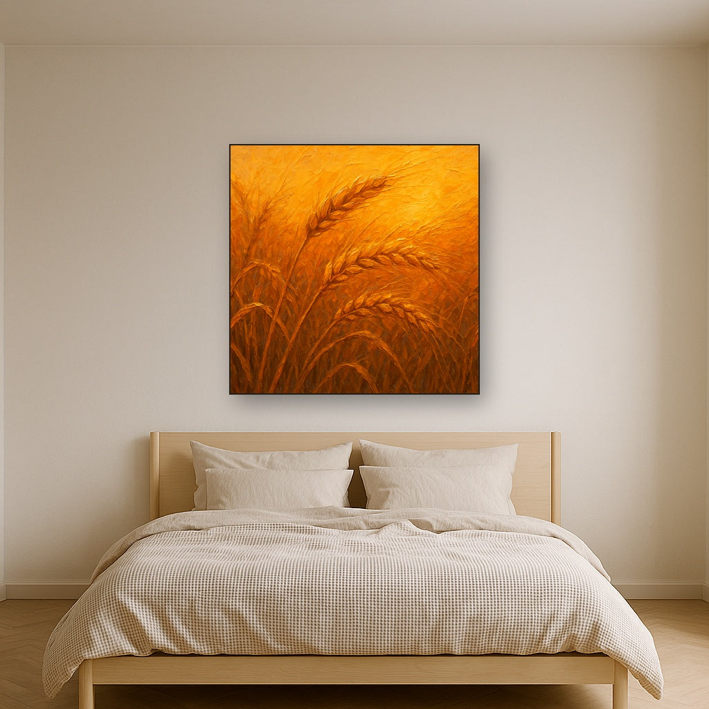Golden Wheat Field Botanical Oil Painting - Styled in Master Bedroom