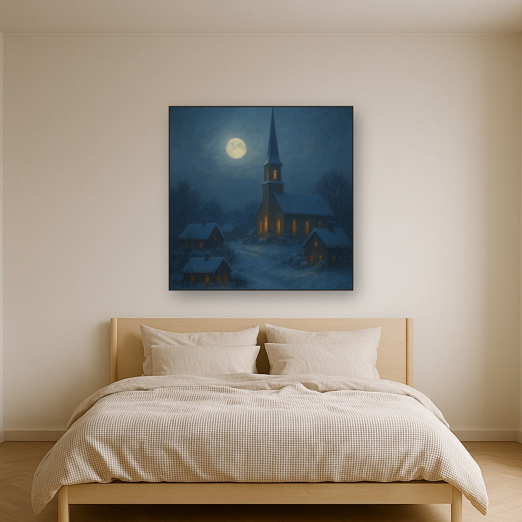 Moonlight Over Snowy Village Steeple No. 7 Oil Painting - View 3