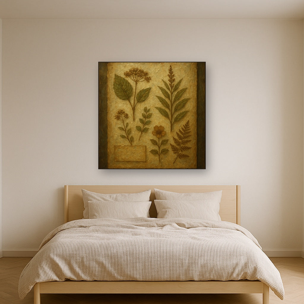 Antique Botanical Herbarium Study Oil Painting - Styled in Master Bedroom