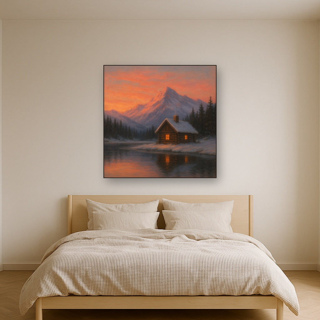 Winter Solstice Mountain Cabin Reflection No. 4 Oil Painting - View 3