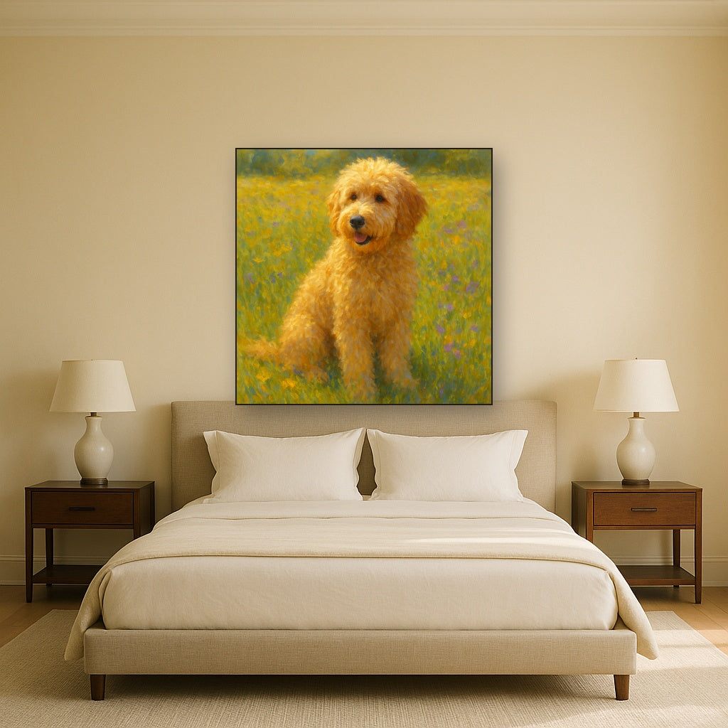 Fluffy Goldendoodle in Sun-Drenched Meadow No. 4 Fine Art Oil Painting - View 3