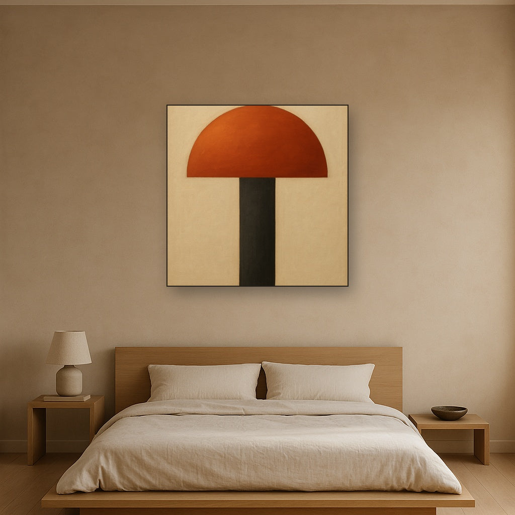 Semicircle Horizon & Minimalist Pillar No. 9 Oil Painting Staged Above Master Bed in Bedroom, Calming Neutral Hand Painted Oil Art