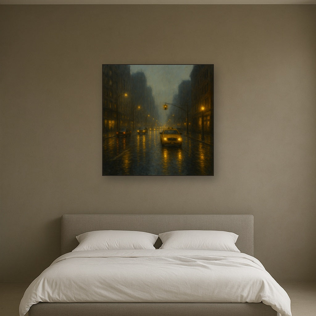 Rain-Drenched Manhattan Avenue Lights No. 4 Oil Painting Staged Above Master Bed in Bedroom, Calming Neutral Hand Painted Oil Art