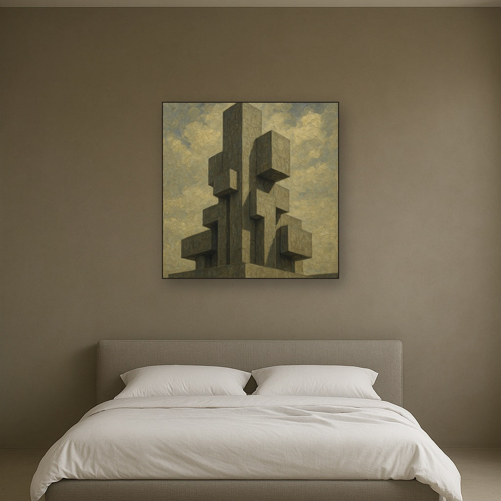 Brutalist Concrete Monolith & Sky No. 5 Oil Painting - Styled in Master Bedroom