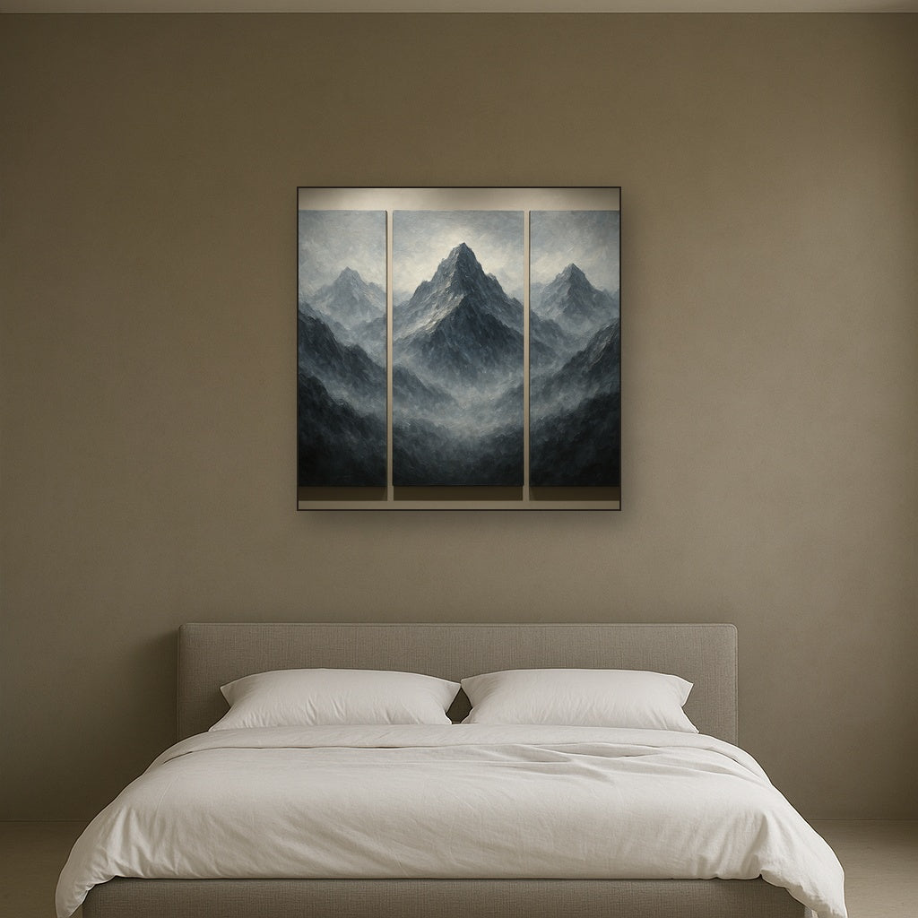 Alpine Mist Triptych Masterpiece No. 2 Oil Painting - Styled in Master Bedroom
