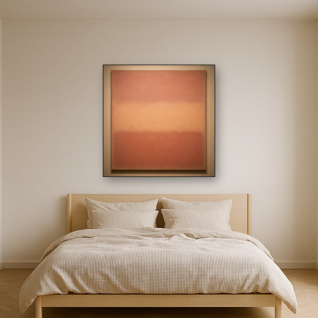 Blush Rose & Dusky Terracotta Ambient Glow No. 12 Oil Painting Staged Above Master Bed in Bedroom, Calming Neutral Hand Painted Oil Art
