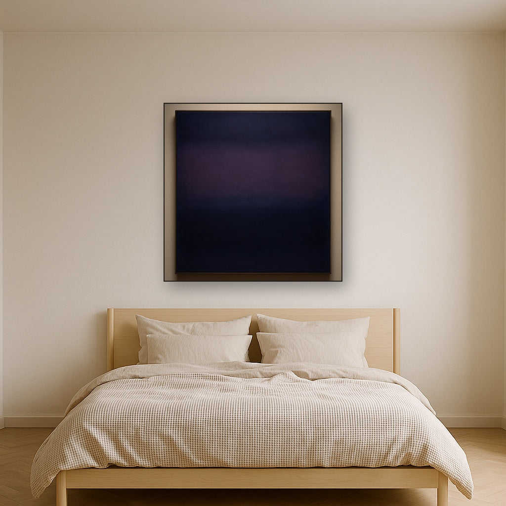 Deep Indigo & Midnight Plum Ambient Field No. 16 Oil Painting Staged Above Master Bed in Bedroom, Calming Neutral Hand Painted Oil Art