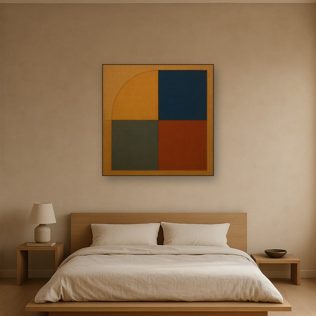 Bauhaus Quadrant Harmony in Primary Earth Tones No. 15 Oil Painting Staged Above Master Bed in Bedroom, Calming Neutral Hand Painted Oil Art