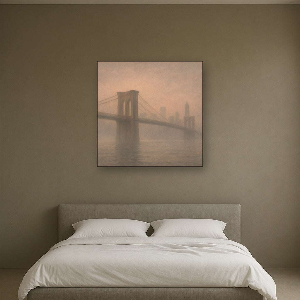Brooklyn Bridge in Morning River Mist No. 24 Oil Painting Staged Above Master Bed in Bedroom, Calming Neutral Hand Painted Oil Art