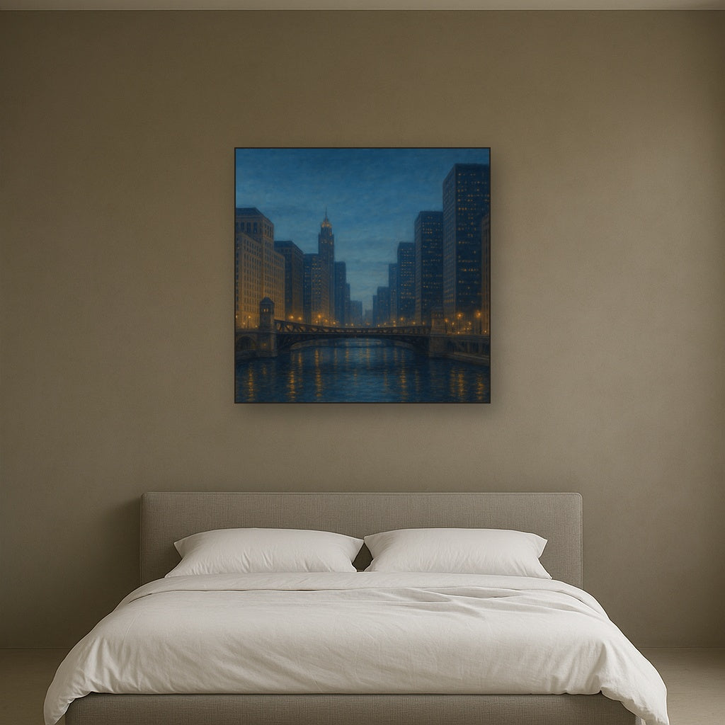 Chicago Riverfront Architecture at Blue Hour No. 24 Oil Painting - View 3