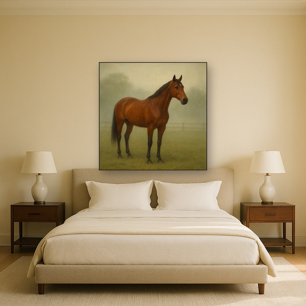 Thoroughbred in Morning Pasture Mist No. 18 Oil Painting - View 3