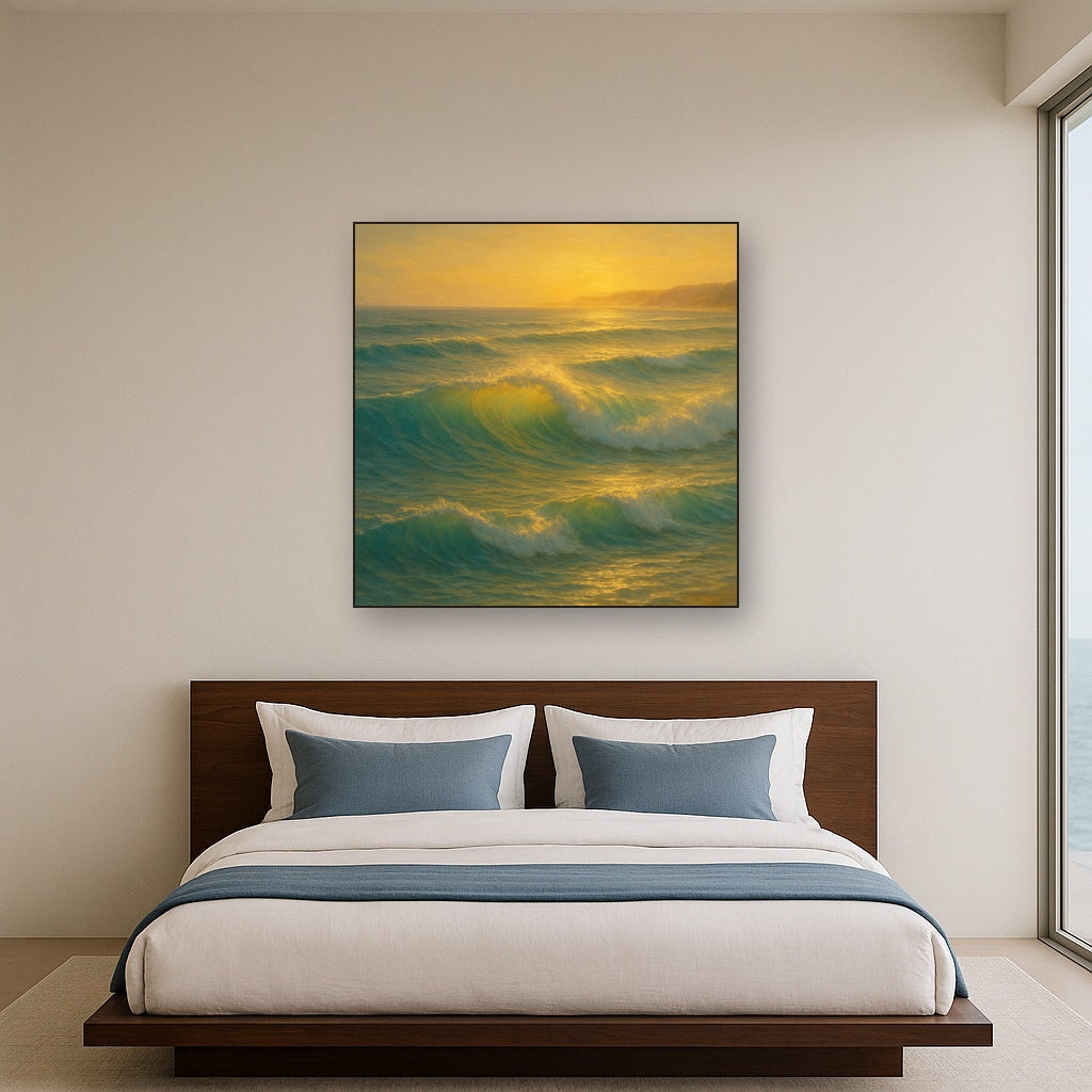 Golden Hour Sunlight on Ocean Swells No. 20 Oil Painting Staged Above Master Bed in Bedroom, Calming Neutral Hand Painted Oil Art