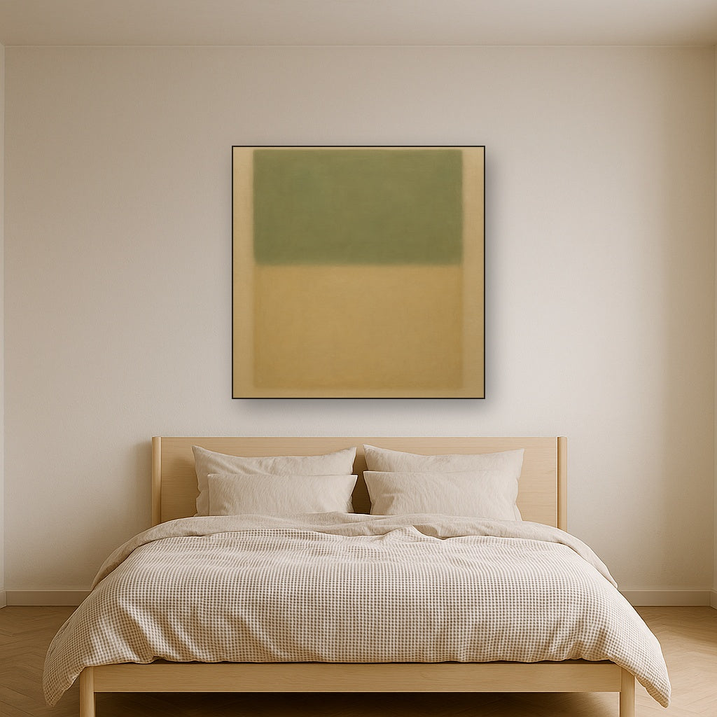 Sage Olive & Pale Sandstone Minimalist Harmony No. 18 Oil Painting Staged Above Master Bed in Bedroom, Calming Neutral Hand Painted Oil Art