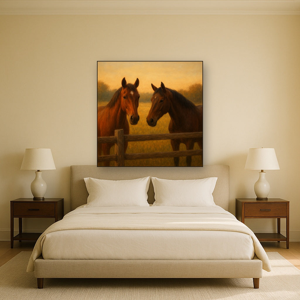 Two Horses at Rustic Post & Rail Fence No. 3 Oil Painting - View 3